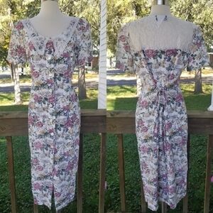 Vintage 80s Retro Floral Lace Cottagecore Victorian Rose Midi Dress LG